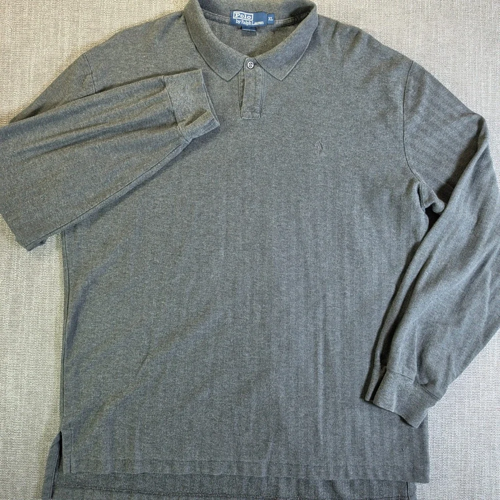 Polo Ralph Lauren Polo Shirt Mens XL Grey Herringbone L/S Cotton‎ Classic